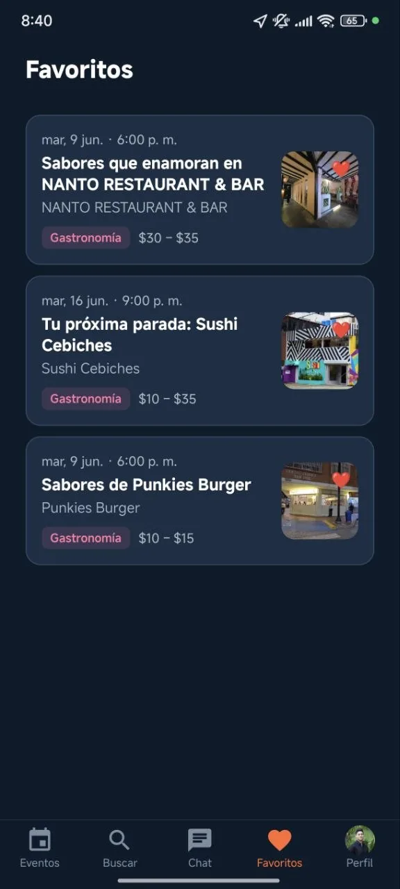 Pantalla de favoritos guardados